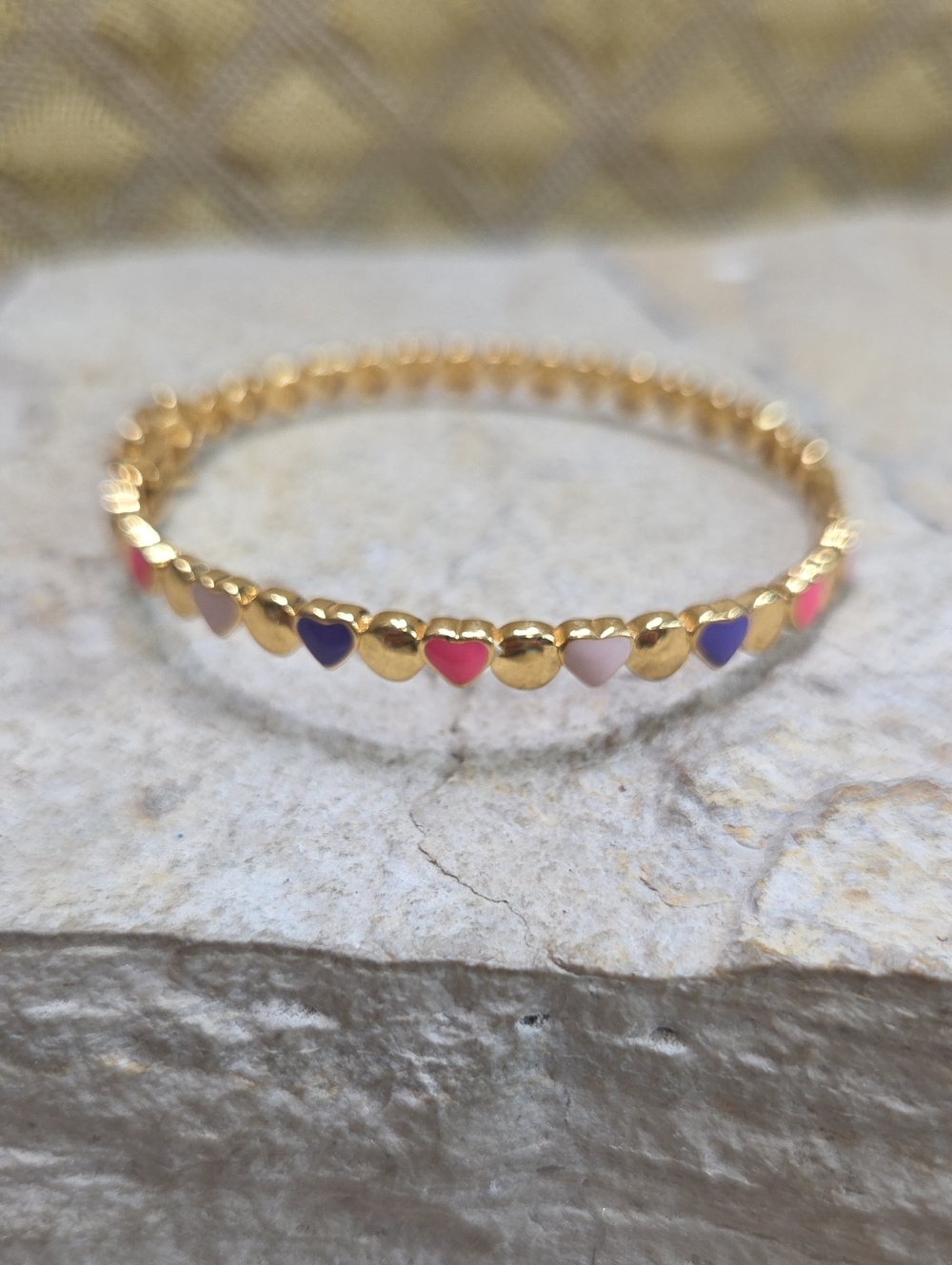 Gold Heart Enamel Bracelet Hinged Bangle - Multicolor Hearts 5.5"